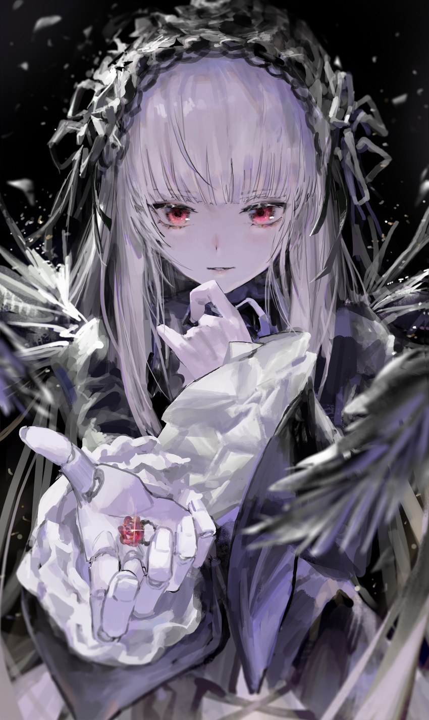 1girl absurdres bangs black_background black_hairband blunt_bangs doll_joints frilled_hairband frilled_sleeves frills gloves grey_hair hairband highres jewelry joints long_hair long_sleeves parted_lips red_eyes ring ring_removed rozen_maiden rsef simple_background solo suigintou upper_body white_gloves