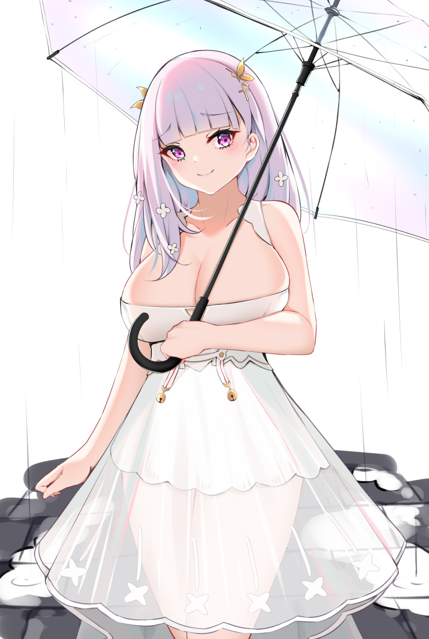 1girl absurdres azur_lane breasts catnnn cleavage cowboy_shot dress flower hair_flower hair_ornament highres holding holding_umbrella large_breasts long_hair plymouth_(azur_lane) purple_eyes rain see-through see-through_dress see-through_skirt skirt umbrella white_dress white_hair