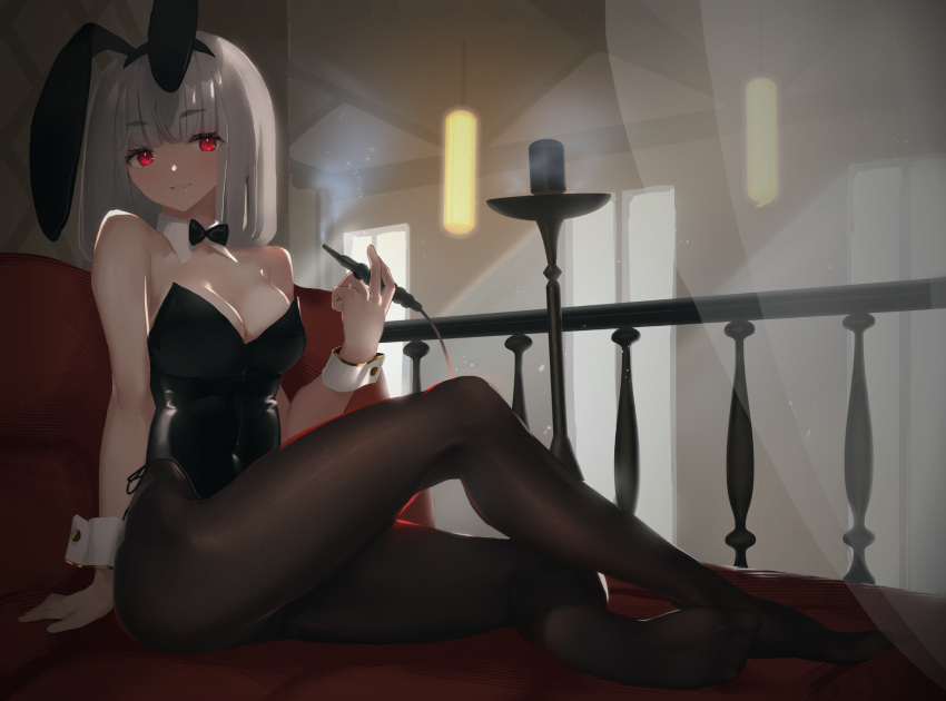 1girl animal_ears bangs bare_shoulders black_bow black_bowtie black_hairband black_leotard black_pantyhose blunt_bangs bow bowtie breasts candle ceiling_light cleavage curtains detached_collar fake_animal_ears fikusipu full_body grey_hair hairband highres holding indoors large_breasts leotard long_hair looking_at_viewer on_bed original pantyhose parted_lips playboy_bunny rabbit_ears red_eyes sitting smile smoking solo strapless strapless_leotard wrist_cuffs