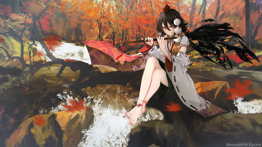 1girl absurdres artist_name autumn autumn_leaves barefoot bird_wings black_hair black_ribbon black_skirt breasts cleavage commentary detached_sleeves eps3rd eyebrows_hidden_by_hair eyeshadow feathered_wings fingernails flute forest full_body hair_between_eyes hat highres holding holding_instrument instrument japanese_clothes kimono layered_sleeves lips looking_at_viewer makeup medium_hair nail_polish nature neck_ribbon outdoors pink_nails pom_pom_(clothes) red_eyes red_headwear red_ribbon ribbon ribbon-trimmed_sleeves ribbon_trim river rock scenery shameimaru_aya short_sleeves single_wing skirt solo toenails tokin_hat touhou water white_kimono wide_sleeves wings