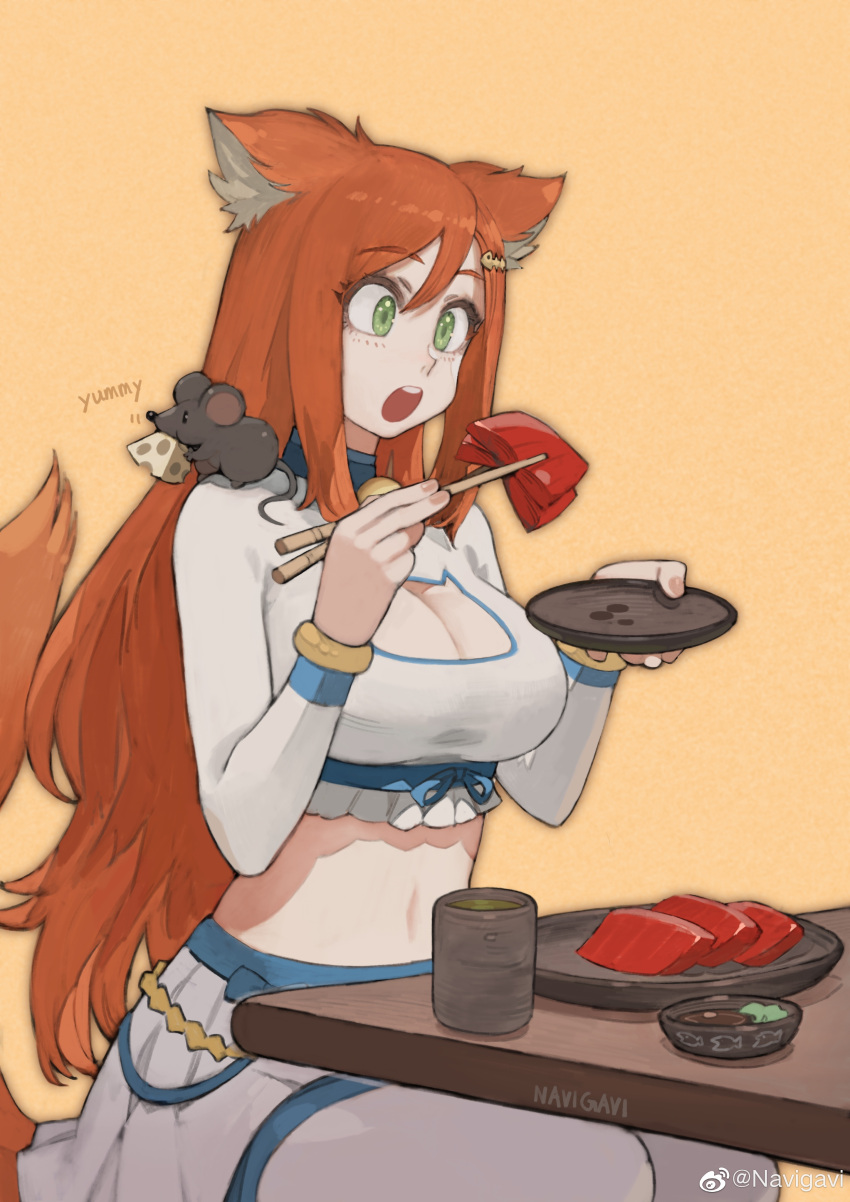 1girl absurdres animal_ears animal_on_shoulder artist_name brown_hair cat_cutout cheese chopsticks cleavage_cutout clothing_cutout cowboy_shot crop_top cup eating food green_eyes hair_between_eyes highres holding holding_chopsticks holding_food holding_plate jenna_lynn_meowri jun_(seojh1029) long_hair long_sleeves midriff mouse mouse_on_shoulder navel open_mouth orange_background original plate pleated_skirt sidelocks simple_background sitting skirt solo table tail upper_body very_long_hair weibo_logo weibo_username white_skirt