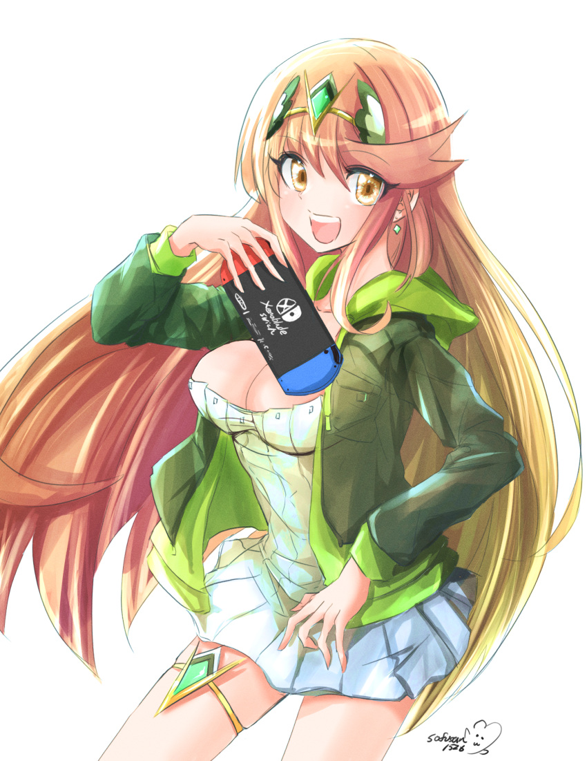 alternate_costume bangs blonde_hair breasts cleavage game_console handheld_game_console headpiece highres holding holding_handheld_game_console large_breasts long_hair mythra_(xenoblade) nintendo_switch simple_background sofusan1526 swept_bangs tiara very_long_hair white_background xenoblade_chronicles_(series) xenoblade_chronicles_2 yellow_eyes