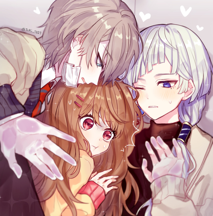 1girl 2boys afterl!fe blue_eyes blush brown_hair highres hug hug_from_behind long_hair looking_at_another manager_(afterl!fe) mask mole mole_under_eye mouth_mask multiple_boys nine_(afterl!fe) open_mouth purple_eyes red_eyes short_hair torisan_(rinlen1827) verine_(afterl!fe) white_hair