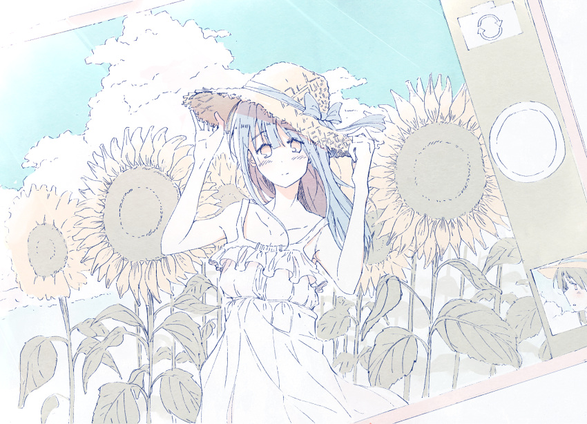 1girl adjusting_clothes adjusting_headwear bangs bare_shoulders blue_hair blue_sky closed_mouth cloud collarbone dress flower hands_up hat hibike!_euphonium liz_to_aoi_tori looking_at_viewer outdoors phone phone_screen pink_eyes plant sawara65 sky sleeveless sleeveless_dress smile solo standing straw_hat sun_hat sundress sunflower white_dress yellow_flower yoroizuka_mizore