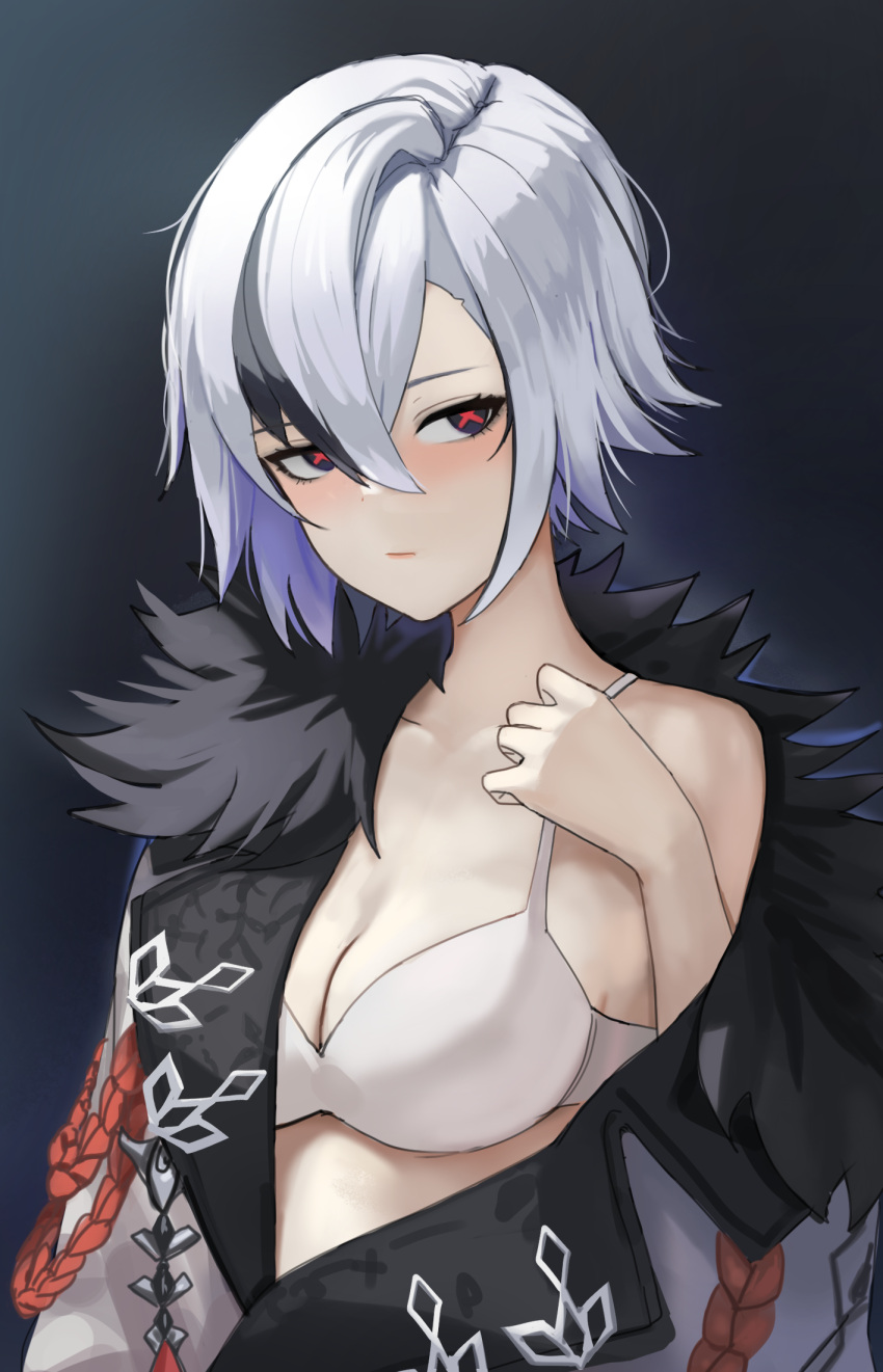 1girl :/ arlecchino_(genshin_impact) black_eyes black_hair bra breasts cleavage closed_mouth coat dolri fur-trimmed_coat fur_trim genshin_impact gradient gradient_background hair_between_eyes hand_up highres looking_at_viewer medium_breasts multicolored_hair off_shoulder red_pupils short_hair single_bare_shoulder solo streaked_hair symbol-shaped_pupils underwear upper_body white_bra white_coat white_hair x-shaped_pupils