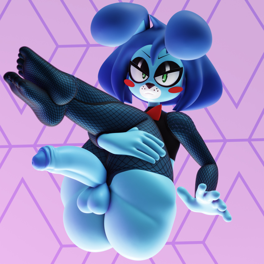 arm_stockings balls blender_(software) blue_body blue_ears blue_hair blush bow_tie clothing crossed_legs five_nights_at_freddy's five_nights_at_freddy's_2 g0g0g0g0g0g genitals green_eyes hair hi_res holding_legs_up lagomorph legwear leporid looking_at_viewer luiske476 male mammal pattern_background penis pouting rabbit red_bow_tie scottgames simple_background solo stockings toy_bonnie_(fnaf) video_games