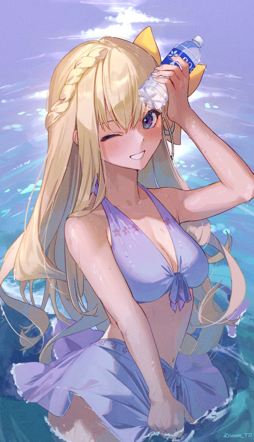 1girl :d absurdres arm_up bangs bare_arms bare_shoulders bikini bikini_skirt blonde_hair blue_eyes blush bottle bottle_to_forehead bow braid breasts cleavage collarbone commentary day eyelashes fingernails front-tie_bikini front-tie_top hair_bow highres holding holding_bottle long_fingernails long_hair looking_at_viewer medium_breasts midriff navel ocean one_eye_closed open_mouth original outdoors purple_bikini purple_swimsuit reflection shiny shiny_hair sidelocks skirt_hold smile solo sooon swimsuit twitter_username wading water water_bottle wavy_hair wet yellow_bow