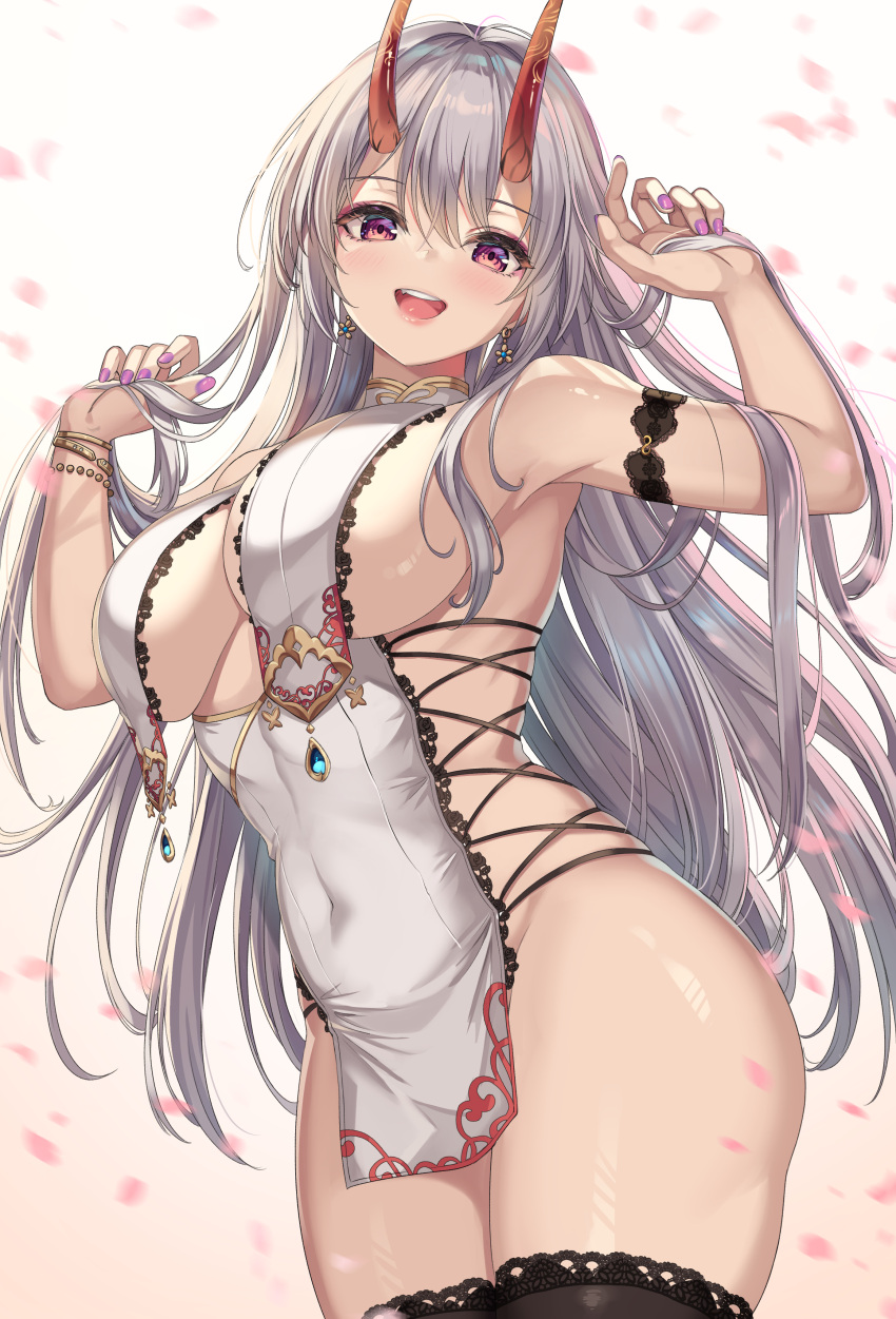 1girl :d absurdres arm_garter armpits arms_up bangle bare_arms bare_shoulders bead_bracelet beads black_thighhighs bracelet breast_curtains breasts cenangam china_dress chinese_clothes cleavage covered_navel cowboy_shot dress earrings fate/grand_order fate_(series) gold_trim grey_hair highres holding holding_hair horns jewelry large_breasts long_hair looking_at_viewer nail_polish no_panties oni_horns open_mouth pelvic_curtain purple_eyes purple_nails revealing_clothes short_dress sideless_outfit sleeveless sleeveless_dress smile solo standing thick_thighs thighhighs thighs tomoe_gozen_(fate) very_long_hair white_dress