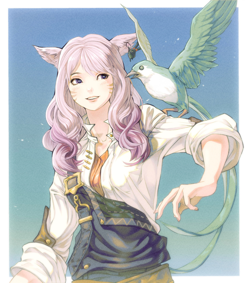 1girl absurdres animal_ears animal_on_shoulder arm_at_side avatar_(ff14) bangs belt_buckle bimel_isabella bird bird_on_shoulder blue_background blue_bird border buckle cat_ears collared_shirt commentary earrings facial_mark final_fantasy final_fantasy_xiv gradient_hair highres jewelry long_hair looking_at_animal looking_to_the_side miqo'te multicolored_hair open_mouth outside_border pink_hair purple_eyes purple_hair shirt sideways_glance single_earring smile solo spriggan_(final_fantasy) standing suspenders two-tone_hair upper_body wavy_hair white_border white_shirt