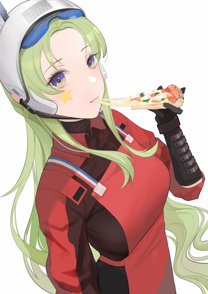 1girl absurdres animal_ears apron bangs black_gloves blue_eyes breasts chilli_646 closed_mouth eating elbow_gloves eyewear_on_head facial_mark fake_animal_ears food fp-6_(girls'_frontline) fp-6_(satellite_of_love)_(girls'_frontline) girls'_frontline gloves green_hair helmet highres holding holding_food holding_pizza long_hair long_sleeves looking_at_viewer motorcycle_helmet multicolored_eyes official_alternate_costume orange_eyes pizza polo_shirt red_apron red_shirt safety_glasses shirt solo standing star_(symbol) star_facial_mark star_tattoo tattoo white_background white_helmet