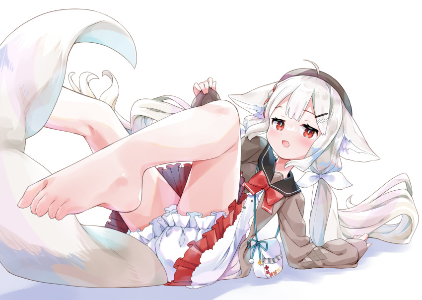 1girl ahoge amimi animal_ears bag bangs barefoot bloomers blush bow commentary_request commission dress fennec_fox frills hair_ornament hairclip highres legs_up lifted_by_self long_hair looking_at_viewer open_mouth red_eyes sakurada_shiro skeb_commission smile solo tail twintails underwear very_long_hair white_background white_hair
