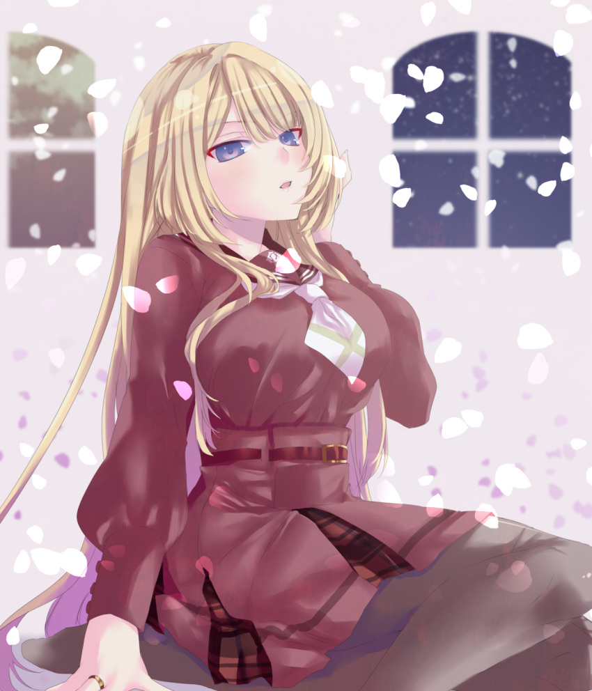 1girl arm_at_side assault_lily bangs belt belt_buckle blonde_hair blurry blurry_background breasts brown_pantyhose brown_sailor_collar buckle commentary falling_petals foot_out_of_frame from_side hair_between_eyes hand_in_own_hair hand_up high-waist_skirt highres jewelry kanba_girls_high_school_uniform large_breasts long_hair long_sleeves looking_at_viewer looking_to_the_side miniskirt miyagawa_takane nari_(mokemokenari) necktie no_shoes pantyhose parted_lips petals pink_hair plaid plaid_skirt purple_eyes red_belt red_shirt red_skirt ring sailor_collar school_uniform serafuku shirt short_necktie sidelocks sitting skirt solo very_long_hair white_necktie window yokozuwari
