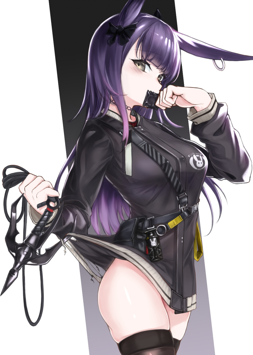 animal_ears arknights astor.cn bangs belt belt_pouch black_background black_bow black_choker blunt_bangs blush bow breasts brown_eyes brown_thighhighs choker condom condom_wrapper gradient gradient_background hair_bow highres holding holding_condom hook large_breasts long_hair long_sleeves looking_at_viewer no_panties pouch purple_hair rabbit_ears rope_(arknights) skindentation thighhighs torn_jacket white_background