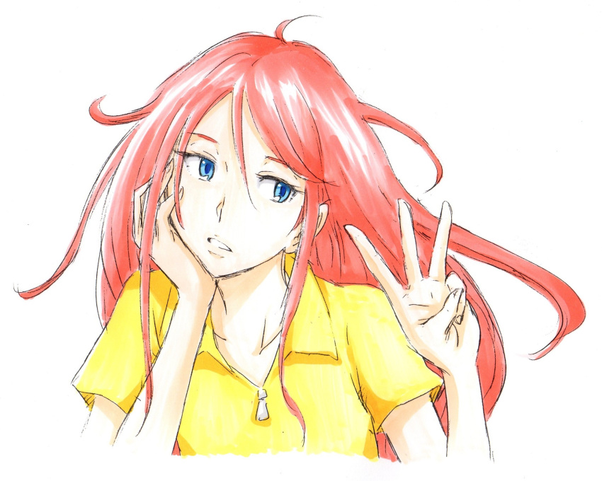 1girl aida_rayhunton blue_eyes collarbone gundam gundam_g_no_reconguista hair_behind_ear hair_between_eyes hand_on_own_cheek hand_on_own_face head_tilt highres long_hair looking_to_the_side oota_tamon parted_lips portrait red_hair solo w white_background