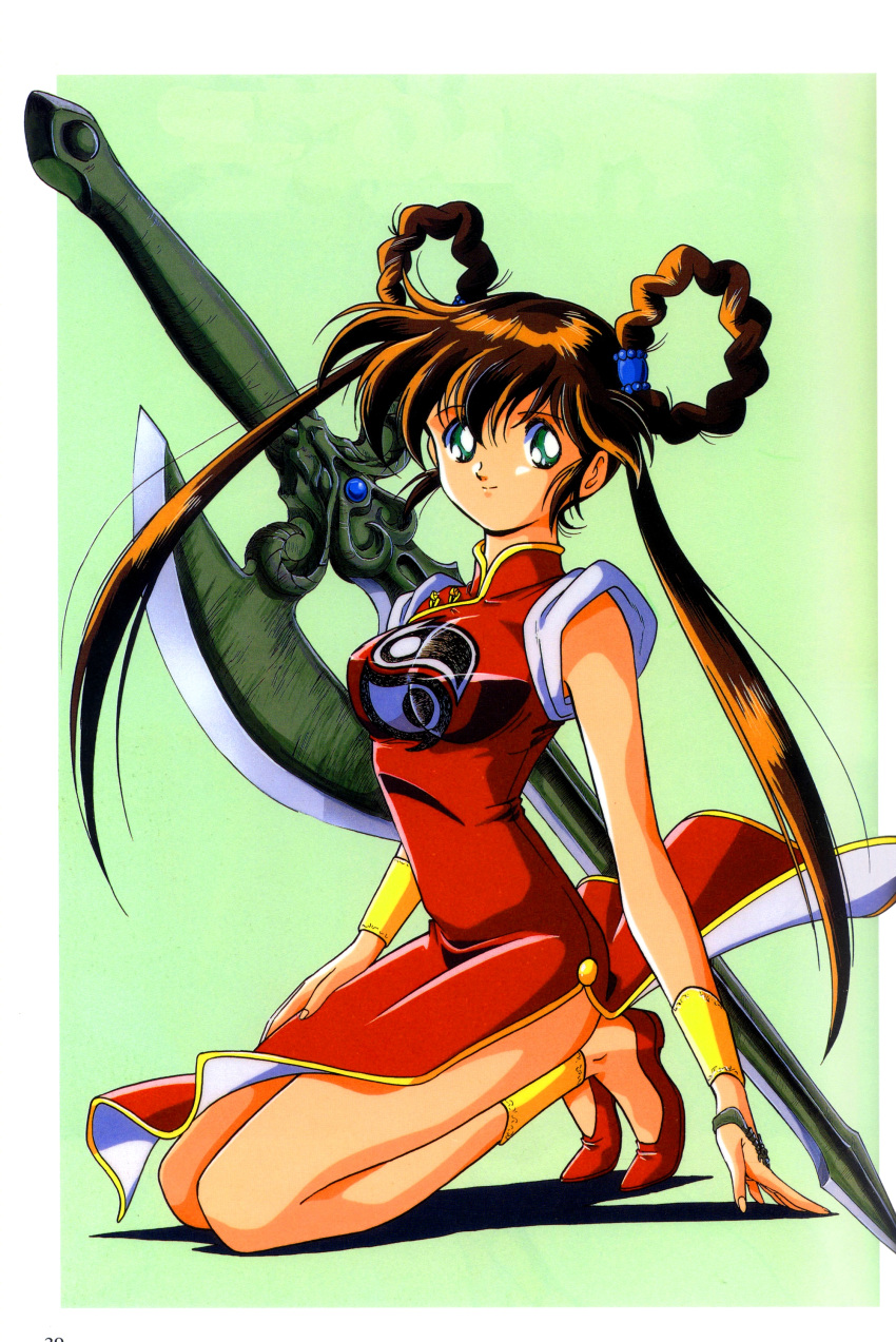 1990s_(style) 1girl absurdres bangs bracelet breasts brown_hair china_dress chinese_clothes dress full_body gold_trim green_eyes highres jewelry long_hair mamono_hunter_youko mano_youko medium_breasts non-web_source official_art retro_artstyle scan shoes simple_background sleeveless solo sword twintails weapon yin_yang