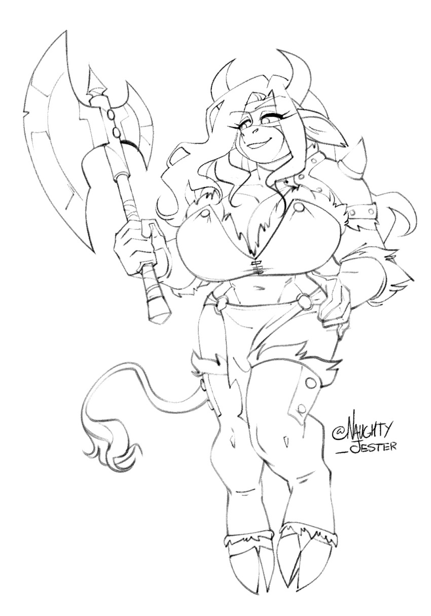 2022 anthro axe barbarian battle_axe big_breasts bodypaint bottomwear bovid bovid_horn bovine_ears bovine_horn bovine_tail breasts clothing face_paint fan_character female gloves hair hand_on_hip handwear hi_res hooves horn lapinbeau loincloth long_hair mammal melee_weapon signature sketch solo spiked_pauldron tail_tuft tuft weapon