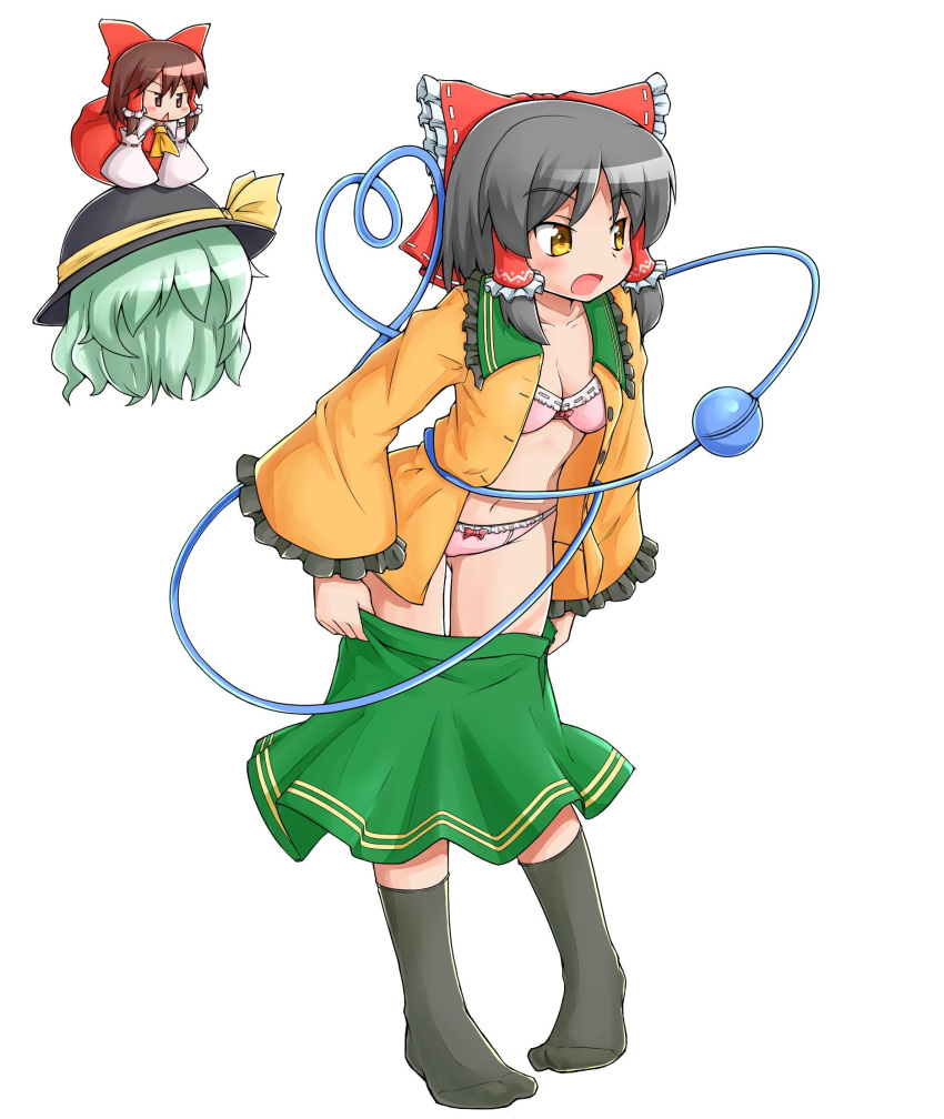 2girls ascot bangs black_headwear blush bow bra breasts brown_eyes brown_hair cleavage collared_shirt commentary_request cookie_(touhou) cosplay detached_sleeves dress dressing frilled_bow frilled_hair_tubes frilled_shirt_collar frilled_sleeves frills full_body green_hair green_skirt hair_bow hair_tubes hakurei_reimu hat hat_bow highres holding_wig knb_(nicoseiga53198051) komeiji_koishi komeiji_koishi_(cosplay) long_sleeves looking_afar medium_breasts minigirl multiple_girls open_mouth panties pink_bra pink_panties red_bow red_dress ribbon-trimmed_sleeves ribbon_trim sakenomi_(cookie) sananana_(cookie) shirt short_hair sidelocks simple_background skirt sleeveless sleeveless_dress textless_version touhou triangle_mouth underwear white_background white_sleeves wide_sleeves wig yellow_ascot yellow_bow yellow_shirt
