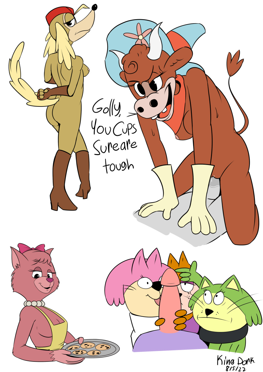 2022 absurd_res anthro apron areola bodily_fluids boots bovid bovine brain_(top_cat) breasts brown_body brown_fur butt canid canine canis cattle choo-choo_(top_cat) cleavage clothed clothing cookie dated dialogue domestic_cat domestic_dog english_text esther_winchester_(cuphead) felid feline felis female female_penetrated food footwear fur genital_fluids genitals green_body green_fur group handjob hanna-barbera hat headgear headwear hi_res high_heeled_boots high_heels holding_object horn hunting_dog jellystone_(hbo_max) kingdorkster looking_at_viewer looking_back looking_back_at_viewer male male/female male_penetrating male_penetrating_female mammal multicolored_body multicolored_fur nipples open_mouth open_smile penetration penile penile_penetration penis_in_pussy pilot_saluki_(cuphead) pink_body pink_fur pussy pussy_juice saluki sex sighthound signature simple_background smile spook_(top_cat) tan_body tan_fur text tongue tongue_out top_cat_(series) two_tone_body two_tone_fur vaginal vaginal_penetration white_background