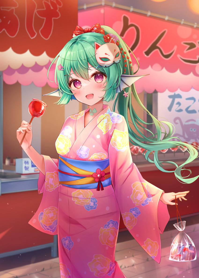 1girl bag bagged_fish bangs blush bow candy_apple cat_mask earrings festival finana_ryugu fish fish_girl floral_print flower food green_hair hair_ornament hairclip head_fins highres japanese_clothes jewelry kimono mask nijisanji nijisanji_en obi pink_kimono ponytail print_kimono purple_eyes red_bow red_flower sash solo summer_festival ustn_(usatan) virtual_youtuber