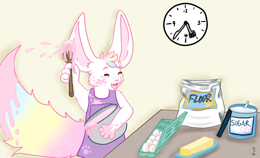 absurd_res ambiguous_gender anthro baking bowl canid canine container cooking cute_expression egg fennec flour fox hi_res mammal messy mixing_bowl pyroashes smile solo sugar