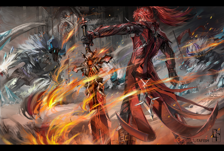 1boy absurdres black_gloves castle cauliisnotafish diluc_(genshin_impact) diluc_(red_dead_of_night)_(genshin_impact) english_commentary fire from_behind genshin_impact gloves highres holding holding_sword holding_weapon jacket letterboxed long_hair looking_at_viewer looking_back male_focus monster official_alternate_costume ponytail red_eyes red_hair red_jacket solo_focus sword twitter_username weapon