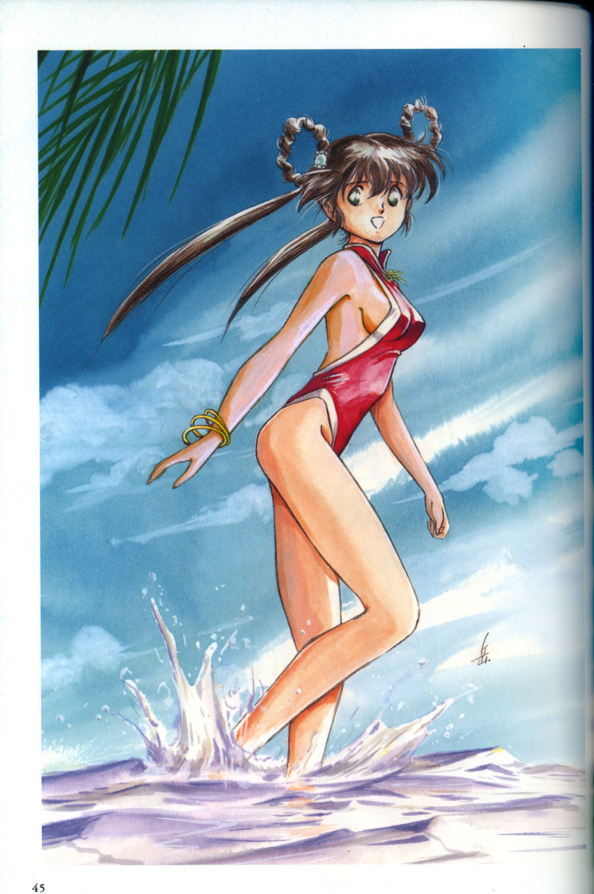 1990s_(style) 1girl absurdres bangs bare_shoulders blue_sky bracelet breasts brown_hair cloud cloudy_sky day full_body green_eyes hair_ornament highleg highleg_swimsuit highres jewelry long_hair mamono_hunter_youko mano_youko medium_breasts official_art one-piece_swimsuit open_mouth outdoors retro_artstyle scan signature simple_background sky smile solo standing swimsuit twintails wading water