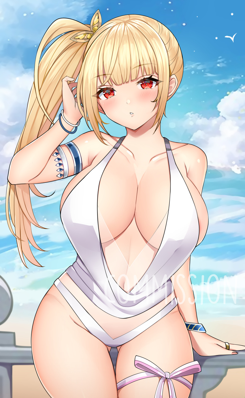 1girl absurdres armlet ass_visible_through_thighs bare_shoulders bikini blade_&amp;_soul blonde_hair breasts cleavage collarbone commission cowboy_shot hair_ornament hand_up highres jirafuru large_breasts long_hair looking_at_viewer parted_lips red_eyes side_ponytail solo swimsuit thigh_gap thighs white_bikini