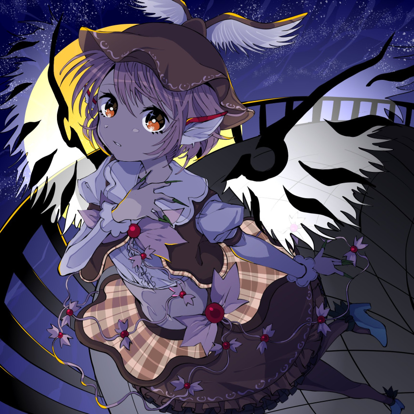 1girl adapted_costume animal_ears bird_ears bird_wings brown_dress brown_eyes brown_headwear brown_thighhighs dress fingernails frilled_dress frills green_nails hat highres juliet_sleeves koshianpancake long_fingernails long_sleeves mystia_lorelei nail_polish open_mouth pink_hair puffy_sleeves sharp_fingernails short_hair solo thighhighs touhou white_wings winged_hat wings