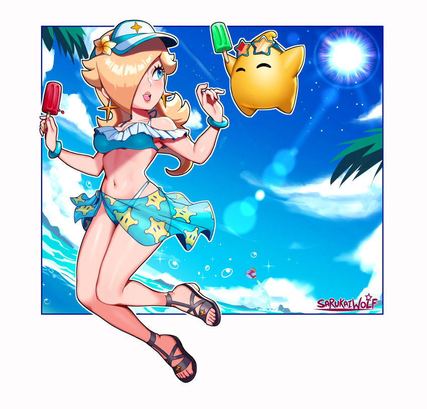 1girl absurdres aqua_bikini aqua_sarong bikini blonde_hair blue_eyes blue_sky breasts cloud earrings fish food hair_over_one_eye highres holding holding_food jewelry jumping long_hair luma_(mario) mario_(series) medium_breasts navel palm_leaf popsicle rosalina sandals sarong sarukaiwolf sky star_(symbol) star_earrings star_print sun super_mario_galaxy swimsuit visor_cap