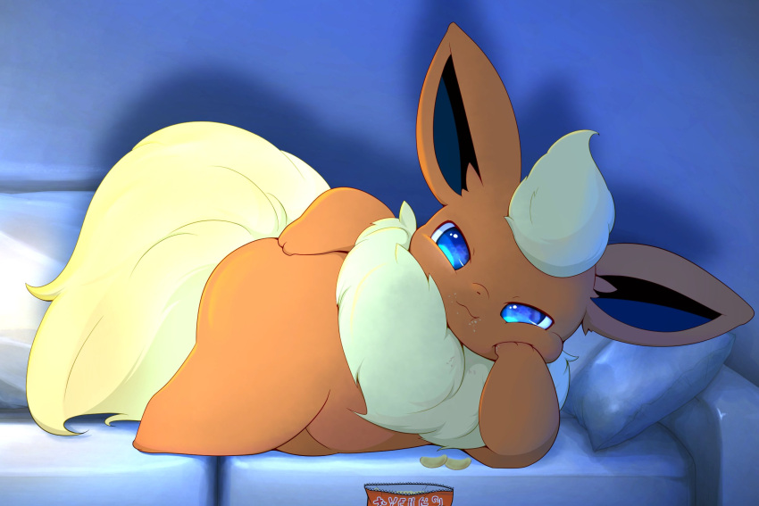 3_fingers ambiguous_gender anthro anthrofied arm_support biped black_inner_ear blue_eyes canid chip_bag chips_(food) colored crumbs detailed_background digital_media_(artwork) eeveelution fingers flareon fluffy fluffy_tail food food_container front_view full-length_portrait fur furniture hand_on_hip head_tuft hi_res hirochanu inside japanese_text kemono looking_at_viewer lying mammal monotone_ears monotone_tail multicolored_body multicolored_fur neck_tuft nintendo no_pupils nude on_side on_sofa orange_body orange_ears orange_fur paws pillow pok&eacute;mon pok&eacute;mon_(species) pok&eacute;morph portrait potato_chips semi-anthro shaded slightly_chubby sofa solo text tuft two_tone_body two_tone_fur video_games yellow_body yellow_fur yellow_tail