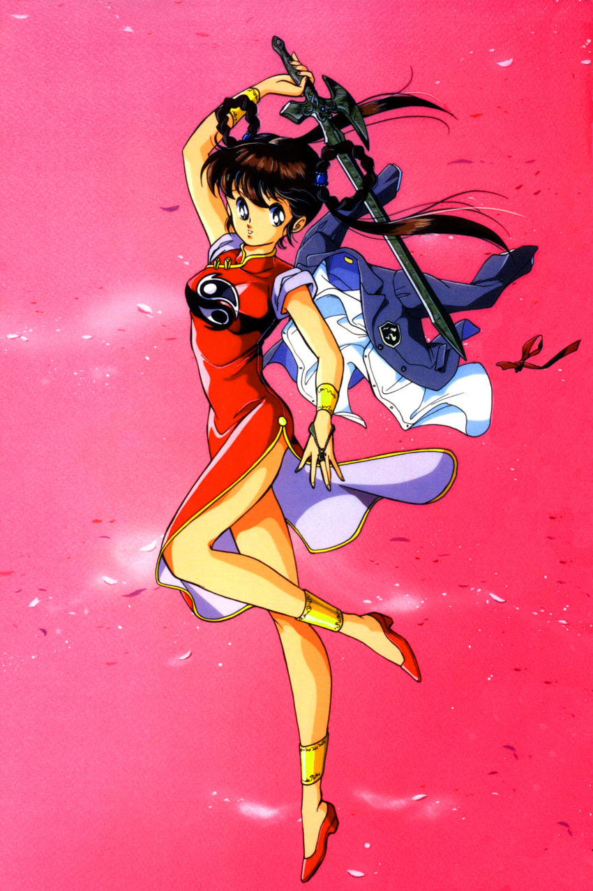 1990s_(style) 1girl absurdres bangs bracelet breasts brown_hair china_dress chinese_clothes dress gold_trim green_eyes highres jewelry long_hair mamono_hunter_youko mano_youko medium_breasts official_art retro_artstyle scan simple_background sleeveless solo twintails yin_yang