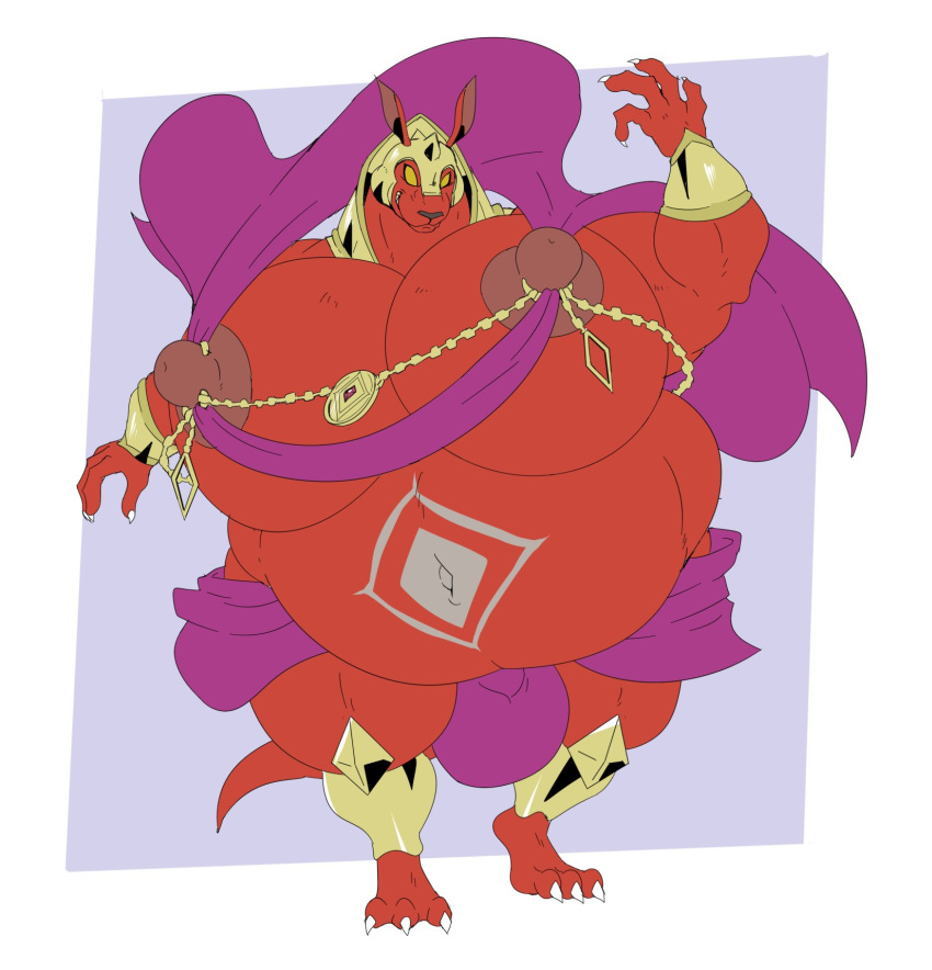2022 3_toes 4_fingers a-side ankle_cuffs anthro armor belly belly_tattoo big_belly big_moobs bottomwear bracelet bulge cape claws clenched_teeth clothing cuff_(restraint) feet fingers grin headgear helmet hi_res illfang_the_kobold_lord jewelry kobold loincloth looking_at_viewer male moobs navel nipple_piercing nipples obese obese_anthro obese_male overweight overweight_anthro overweight_male piercing pose red_body restraints smile smiling_at_viewer solo standing sword_art_online tattoo teeth toe_claws toes yellow_eyes