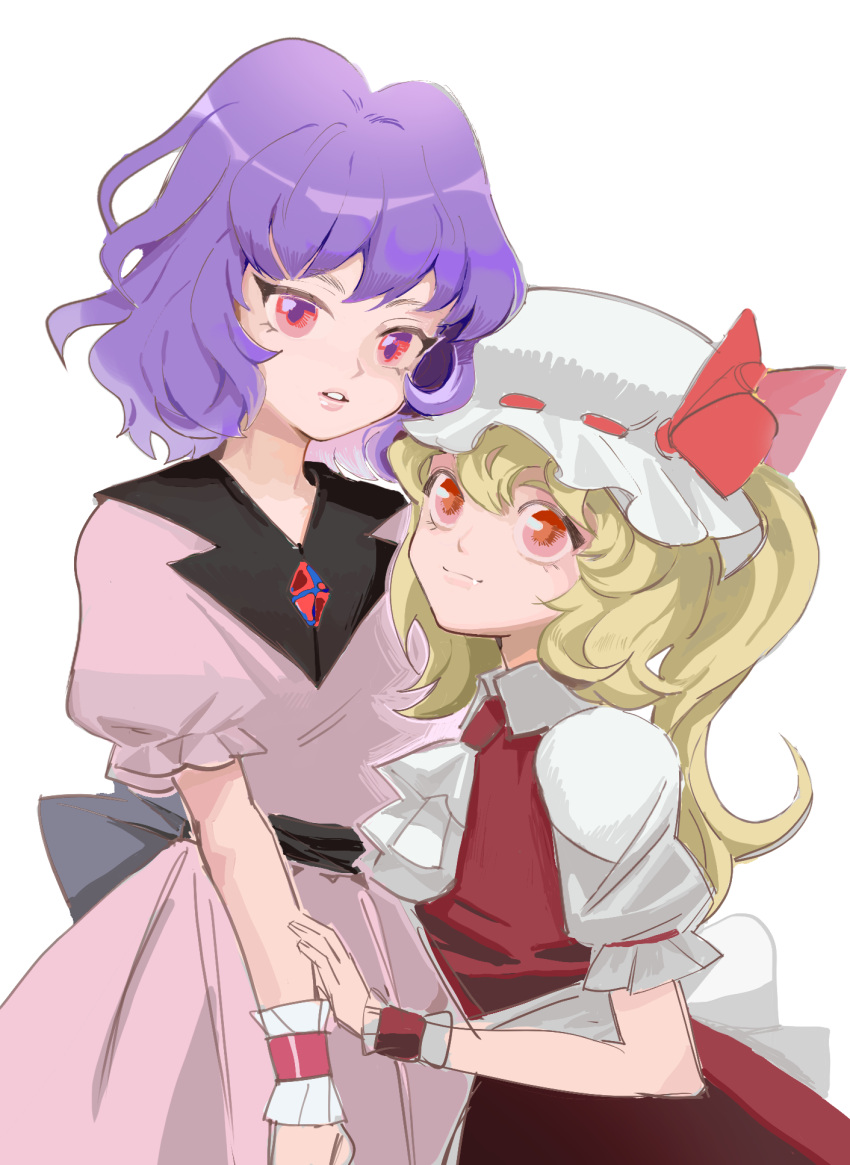 2girls ascot blonde_hair buttons closed_mouth collared_shirt commentary diamond_button dress flandre_scarlet hair_between_eyes hat hat_ribbon highres laozhouzhou light_smile lips long_hair looking_at_viewer mob_cap multiple_girls no_headwear no_wings parted_lips pink_dress ponytail puffy_short_sleeves puffy_sleeves purple_eyes purple_hair red_eyes red_ribbon red_skirt red_vest remilia_scarlet ribbon shirt short_sleeves siblings simple_background sisters skirt touhou tsurime upper_body vest white_ascot white_background white_headwear white_shirt wrist_cuffs