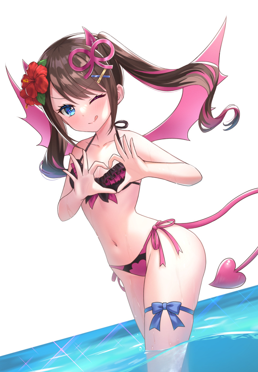 1girl ;) bettle_(b_s_a_n) bikini black_bikini blue_bow bow brown_hair day demon_girl demon_tail flower hair_flower hair_ornament hairclip heart heart_hands hibiscus highres monster_company multicolored_hair navel one_eye_closed outdoors pink_bikini pink_hair pink_wings side-tie_bikini sky smile streaked_hair swimsuit tail thigh_bow tongue tongue_out transparent_background twintails two-tone_bikini virtual_youtuber wading wings