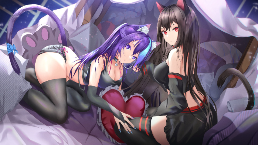 2girls absurdres animal_ears bare_shoulders bent_over black_choker black_hair black_shirt black_shorts black_skirt black_thighhighs bra bra_strap breasts bridal_gauntlets camisole cat_ears cat_girl cat_tail choker cleavage commission crop_top detached_sleeves half_updo halterneck hand_on_another's_knee heart heart_pillow highres kayjae lanfear large_breasts long_hair long_sleeves looking_at_viewer looking_back micro_shorts midriff mika_moonlight miniskirt multicolored_hair multiple_girls nail_polish pillow purple_eyes purple_hair red_eyes seiza shirt shorts sitting skirt sleeveless sleeveless_shirt streaked_hair string_bra tail thighhighs thighs underwear vrchat white_bra zettai_ryouiki