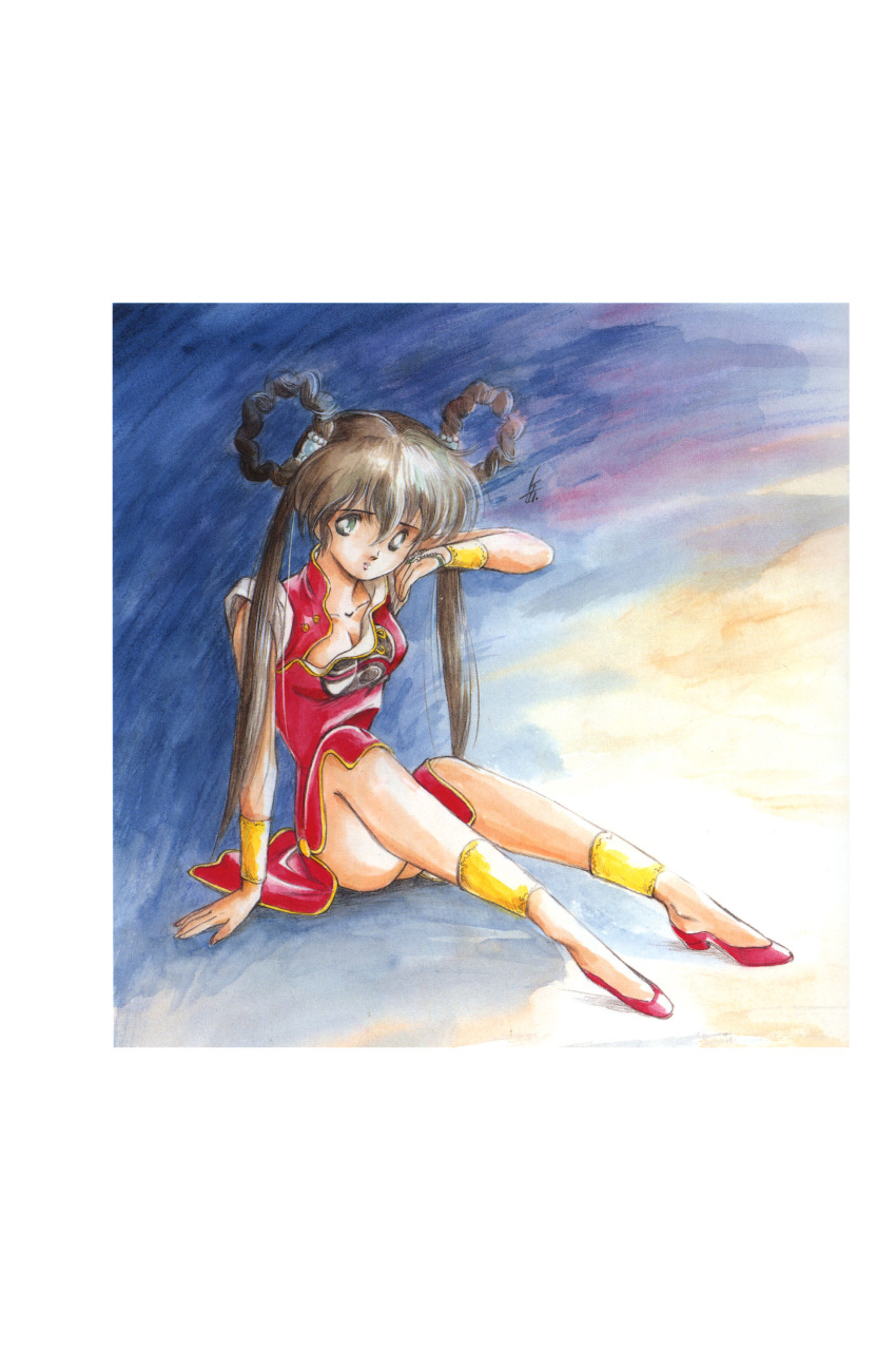 1990s_(style) 1girl absurdres bangs bracelet breasts brown_hair china_dress chinese_clothes cleavage dress full_body gold_trim green_eyes highres jewelry long_hair mamono_hunter_youko mano_youko medium_breasts official_art retro_artstyle scan shoes simple_background sitting sleeveless solo thighs twintails yin_yang