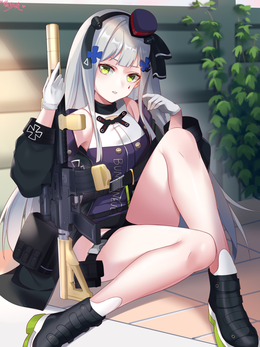 1girl absurdres aqua_hair assault_rifle bangs blunt_bangs boots cross girls'_frontline gloves green_eyes gun h&amp;k_hk416 hat heckler_&amp;_koch highres hk416_(girls'_frontline) holding holding_gun holding_weapon iron_cross knee_up lingshalan long_hair military_jacket mini_hat mod3_(girls'_frontline) rifle sitting teardrop teardrop_facial_mark teardrop_tattoo weapon white_gloves