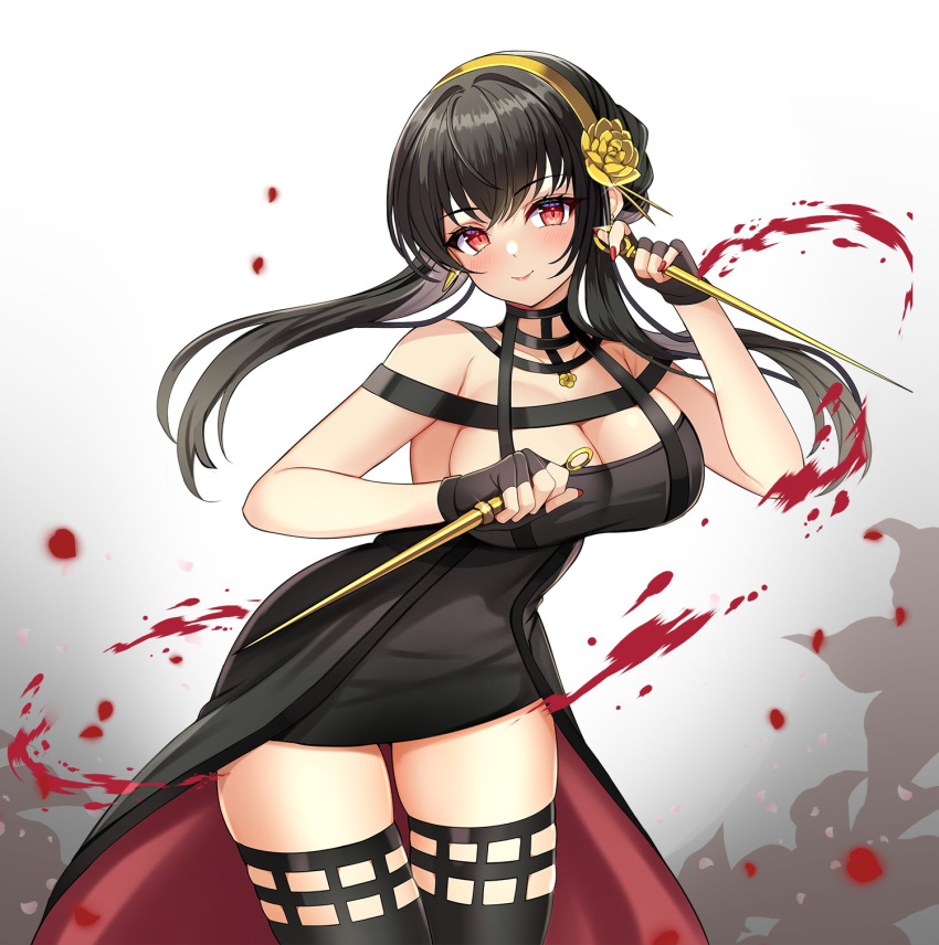 1girl bare_arms bare_shoulders black_dress black_gloves black_hair black_thighhighs blood breasts cleavage cowboy_shot dagger dress dual_wielding fingerless_gloves floating_hair gloves hairband highres holding holding_dagger holding_weapon jirafuru knife large_breasts long_hair looking_at_viewer red_eyes reverse_grip skindentation sleeveless sleeveless_dress smile solo spy_x_family standing thighhighs thighs waist_cape weapon yor_briar zettai_ryouiki