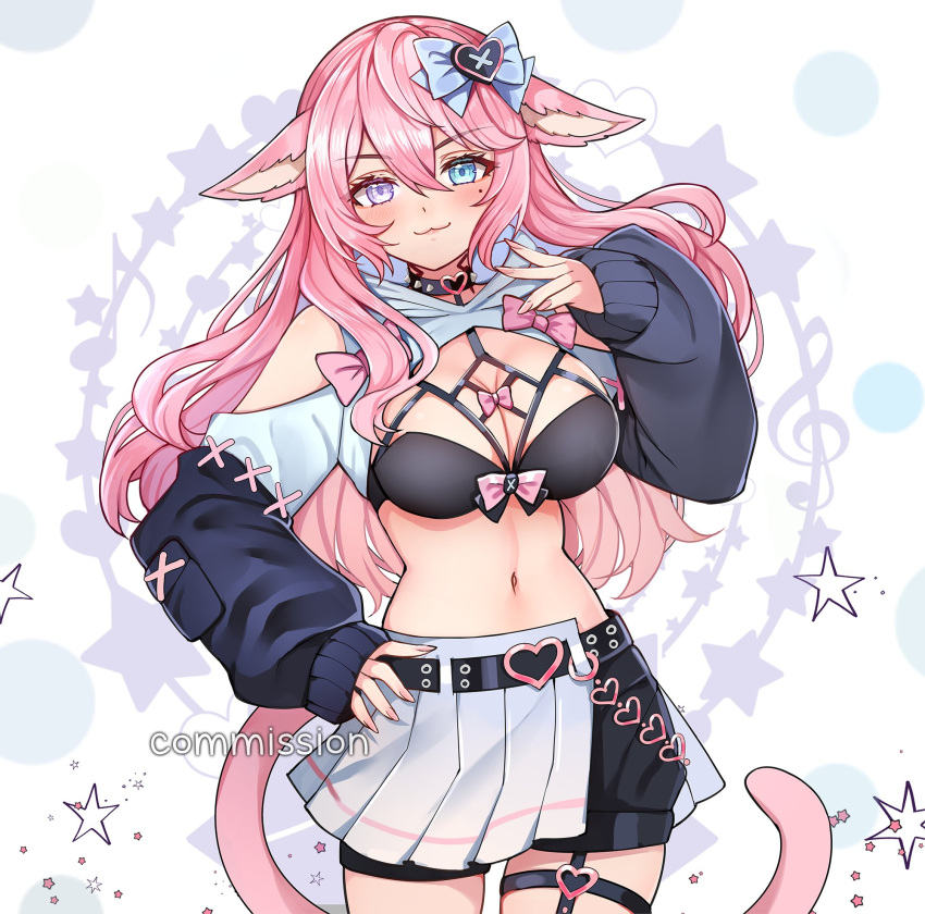 1girl :3 animal_ears bare_shoulders belt bikini bikini_top_only black_bikini black_choker black_shorts blue_eyes bow breasts cat_ears cat_girl cat_tail choker cleavage clothing_cutout commission cowboy_shot hair_bow hand_on_hip hand_up heterochromia highres jirafuru large_breasts long_hair long_sleeves looking_at_viewer midriff miniskirt mole mole_under_eye multi-strapped_bikini navel original pink_eyes pink_hair pleated_skirt short_shorts shorts shorts_under_skirt shoulder_cutout shrug_(clothing) skirt smile solo stomach string_bikini swimsuit tail thigh_strap white_skirt