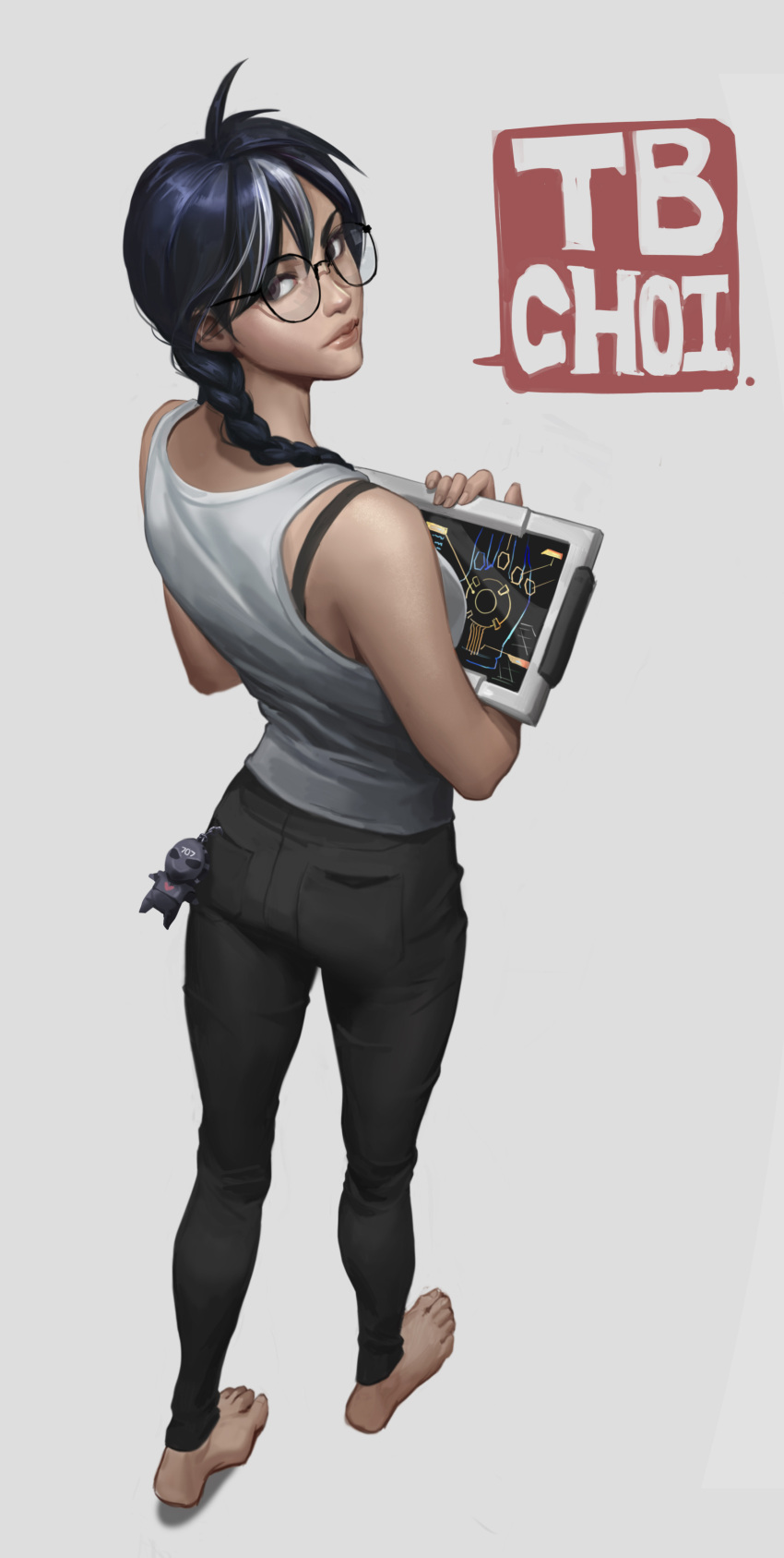 1girl absurdres barefoot black_eyes black_hair bra_strap braid braided_ponytail breasts charm_(object) dokkaebi_(rainbow_six_siege) from_behind full_body glasses hair_over_shoulder highres looking_back multicolored_hair rainbow_six_siege small_breasts solo streaked_hair tablet_pc tank_top tb_choi12 two-tone_hair white_hair white_tank_top