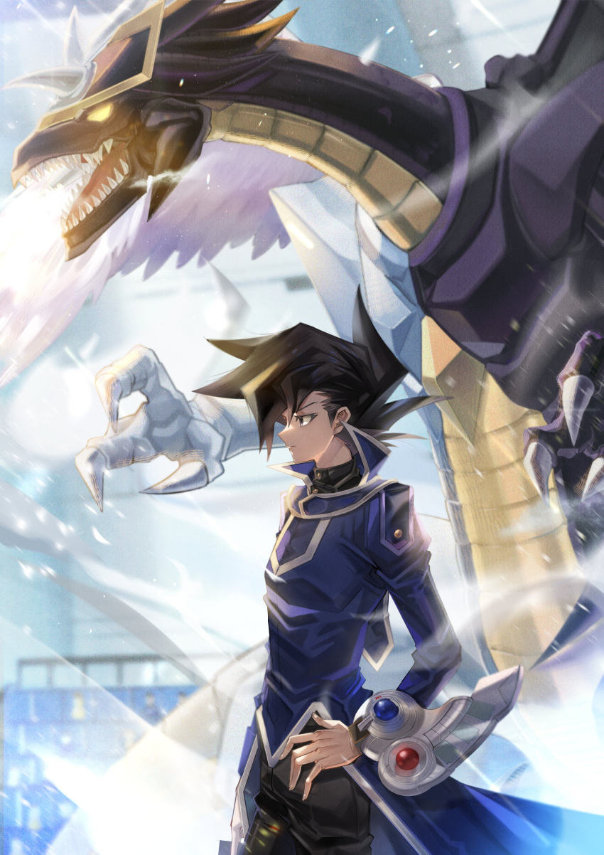 1boy absurdres bangs black_hair coat dragon duel_academy_uniform_(yu-gi-oh!_gx) duel_disk duel_monster feet_out_of_frame from_side gogoshitai hair_between_eyes highres light_and_darkness_dragon long_sleeves looking_to_the_side male_focus manjoume_jun school_uniform shirt snow solo spiked_hair standing yu-gi-oh! yu-gi-oh!_gx