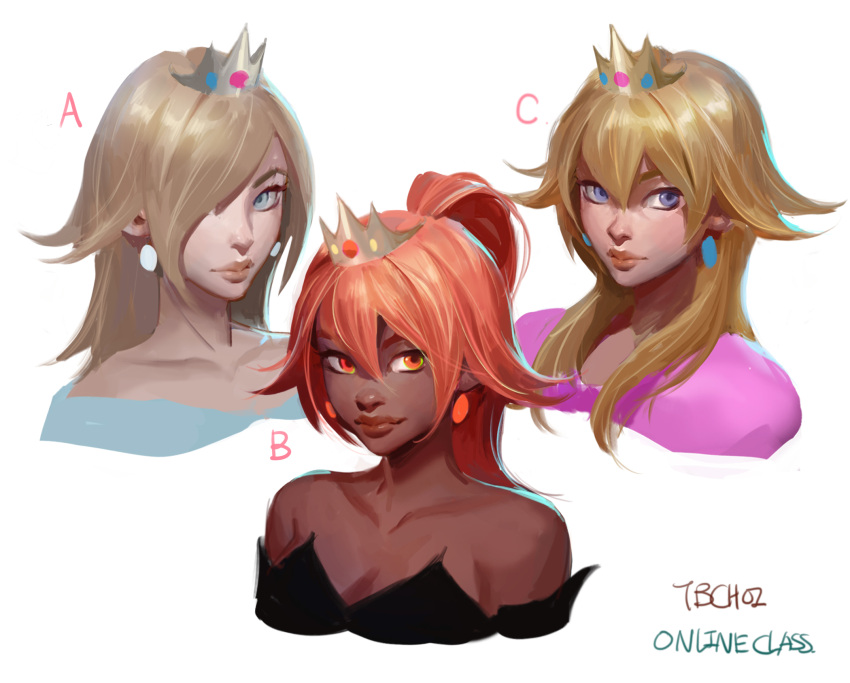 3girls artist_name bare_shoulders blonde_hair blue_eyes bowsette dark-skinned_female dark_skin earrings hair_between_eyes hair_over_one_eye highres jewelry lips mario_(series) multiple_girls new_super_mario_bros._u_deluxe orange_eyes orange_hair ponytail princess_peach rosalina signature sketch super_mario_bros._1 super_mario_galaxy tb_choi12 tiara