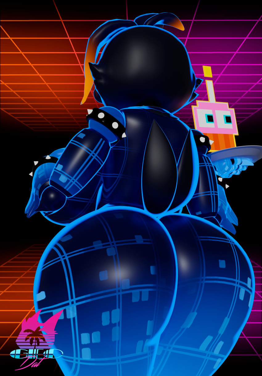 2022 3d_(artwork) absurd_res animatronic anthro avian big_butt bird black_body black_skin blue_body blue_skin bracelet butt chicken cupcake_(fnaf) digital_media_(artwork) female five_nights_at_freddy's five_nights_at_freddy's_2 galliform gallus_(genus) geodat64 grid_layout hi_res highlights_(coloring) highscore_toy_chica huge_butt jewelry machine mammal multicolored_body pattern_background phasianid raised_tail rear_view robot scottgames simple_background solo thick_thighs toy_chica_(fnaf) two_tone_body ultra_custom_night video_games
