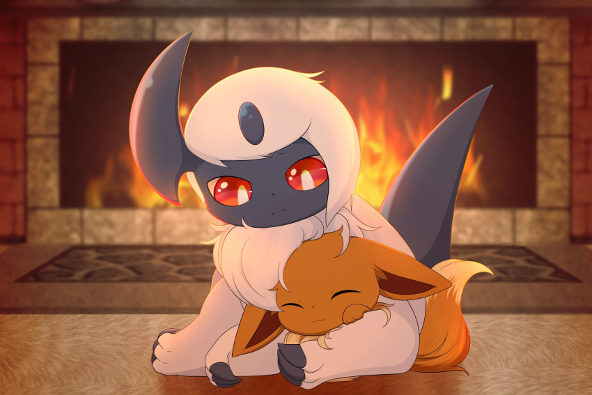 3_toes :3 ^_^ absol ambiguous_gender black_body black_claws black_horn black_tail blade brown_body brown_ears brown_fur brown_inner_ear brown_tail canid chest_tuft claws colored detailed_background digital_media_(artwork) dipstick_tail duo eevee embrace eyes_closed feet feral fire fireplace fluffy forehead_gem front_view fur glistening glistening_eyes hair happy hi_res hirochanu horn hug inside kemono larger_ambiguous larger_feral looking_at_another mammal markings monotone_ears monotone_hair monotone_tail multicolored_body multicolored_fur multicolored_tail nintendo on_ground paws pok&eacute;mon pok&eacute;mon_(species) portrait pupils quadruped red_eyes shaded short_hair sitting size_difference smaller_ambiguous smaller_feral smile tail_blade tail_markings toe_claws toes tuft two_tone_body two_tone_fur two_tone_tail video_games weapon_tail white_body white_fur white_hair white_pupils yellow_body yellow_fur yellow_tail