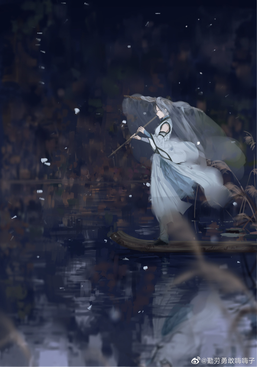 1girl absurdres black_hair blue_dress canoe closed_eyes detached_sleeves dress from_side gou_haihaihaihai hat highres night original playing_flute reeds short_hair snowing solo standing straw_hat veil water