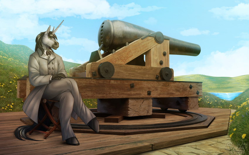 3d_(artwork) american_civil_war anthro blender_(software) civil_war clothed clothing dahlgren_gun digital_drawing_(artwork) digital_media_(artwork) equid equine field fort fort_darling gun horn horse james_river little_boots male mammal pose ranged_weapon river scenery solo solo_focus suit sunny sunny_way unicorn unicorn_horn weapon