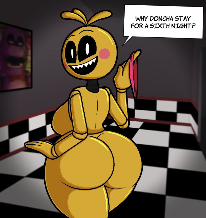animatronic anthro avian back_boob badguynek beakless big_breasts big_butt bird black_sclera bonnie_(fnaf) breasts butt chicken clothing english_text female five_nights_at_freddy's five_nights_at_freddy's_2 galliform gallus_(genus) hi_res lagomorph leporid looking_at_viewer looking_back machine mammal nude open_mouth panties phasianid poster question_mark rabbit robot scottgames solo speech_bubble text thick_thighs toy_chica_(fnaf) underwear video_games white_eyes wide_hips yellow_body