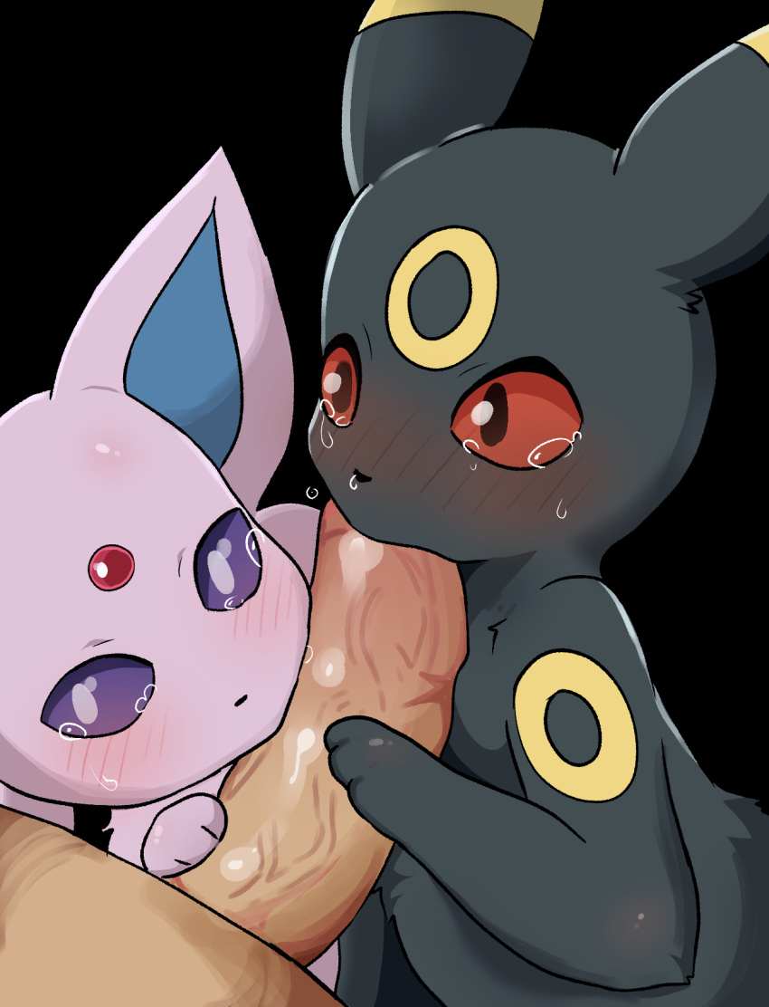 2022 ambiguous_gender bestiality big_penis black_body black_fur blush bodily_fluids carameldacat_(artist) eeveelution espeon fellatio feral fur genitals group group_sex hi_res human human_on_feral interspecies male male/ambiguous mammal nintendo nude oral penile penis pok&eacute;mon pok&eacute;mon_(species) pok&eacute;philia sex tears threesome umbreon video_games