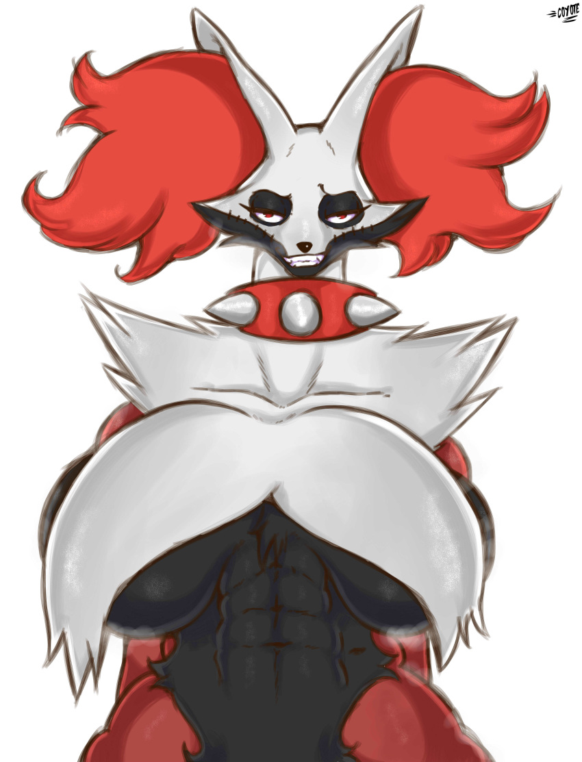 abs absurd_res anthro bedroom_eyes big_breasts black_body black_fur breasts collar delphox female fur hair hi_res huge_breasts inner_ear_fluff multicolored_body multicolored_fur narrowed_eyes nintendo pok&eacute;mon pok&eacute;mon_(species) red_eyes red_hair red_inner_ear_fluff seductive shinnycoyote shiny_pok&eacute;mon simple_background smile smiling_at_viewer solo spiked_collar spikes tuft video_games white_background white_body white_fur