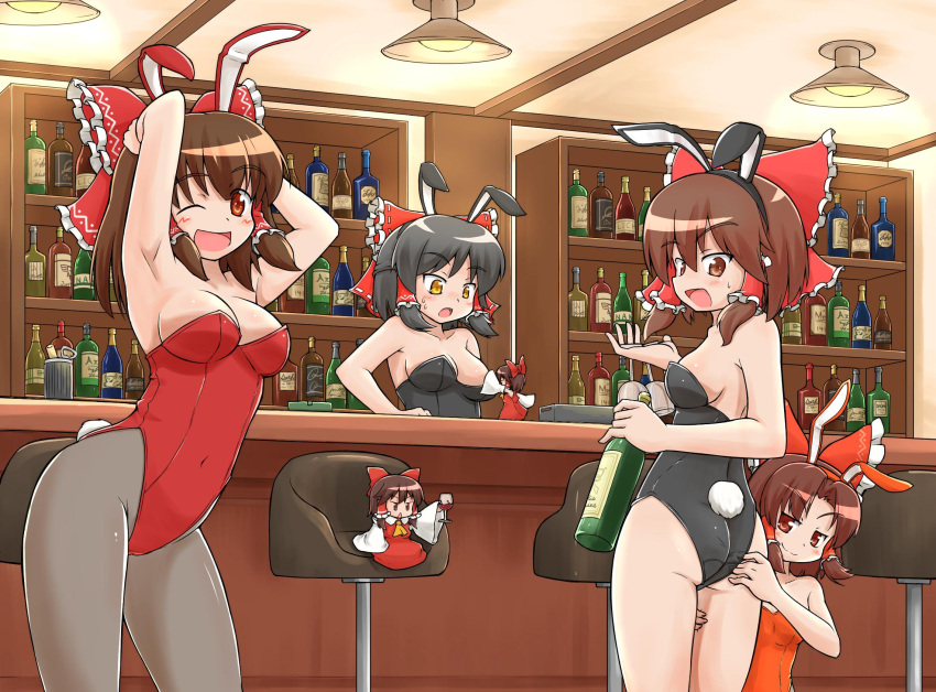 6+girls :3 :d alcohol animal_ears armpits arms_up ass ass_grab bar benikurage_(cookie) black_hair black_leotard blush bottle bow breasts brown_eyes brown_hair ceiling_light chair commentary_request cookie_(touhou) counter cowboy_shot cup drinking_glass fake_animal_ears fake_tail frilled_bow frilled_hair_tubes frills grey_pantyhose hair_bow hair_tubes hakurei_reimu half_updo highres holding holding_bottle indoors kanna_(cookie) knb_(nicoseiga53198051) lamp large_breasts leotard looking_at_another looking_at_viewer looking_back looking_to_the_side medium_breasts medium_hair minigirl multiple_girls one_eye_closed open_mouth pantyhose playboy_bunny rabbit_ears rabbit_tail red_bow red_eyes red_leotard reu_(cookie) sakenomi_(cookie) sananana_(cookie) shelf short_hair sidelocks small_breasts smile strapless strapless_leotard tail touhou wine wine_bottle wine_glass yellow_eyes